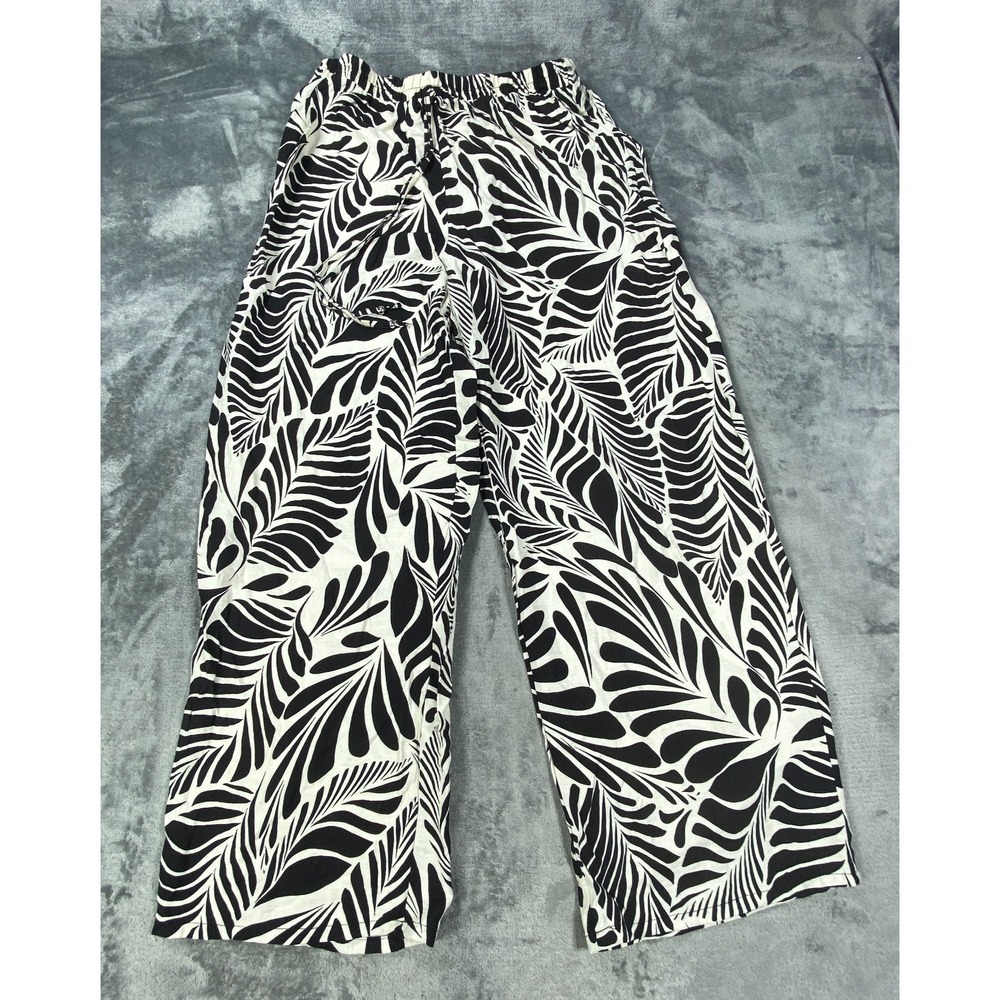 Mlle Gabrielle Dress Pants Womens L Black Tropical Leaf Elastic Waist Wide Leg